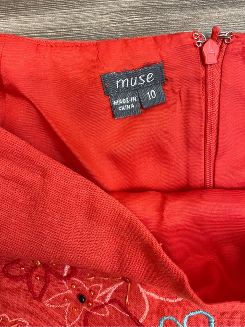Muse Vintage Orange Linen Embroidered Asymmetrical Fringe Hem Midi Skirt - Picture 5 of 12
